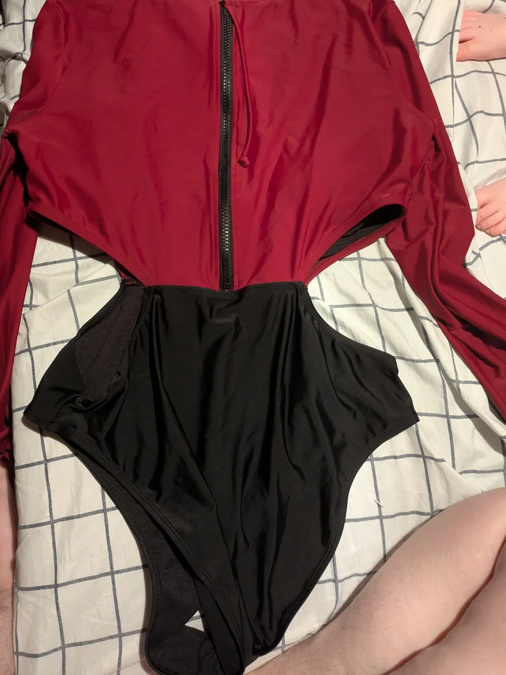 Cupshe Red and Black Long-Sleeve One-Piece Swimsuit